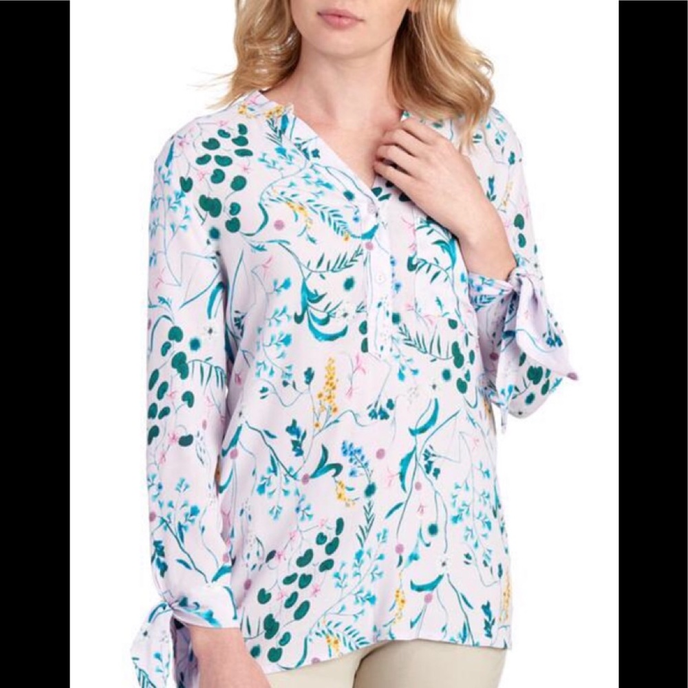 Botanical Print Tie Sleeve Blouse